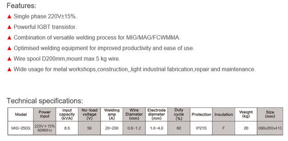 Soldadora industrial superior de MIG-250G